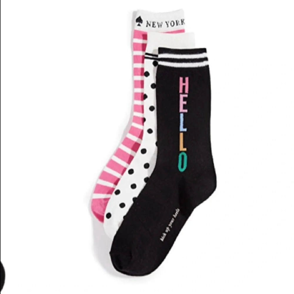KATE SPADE Hello 3-Pack Sock Set NWT Assorted BLK, PINK